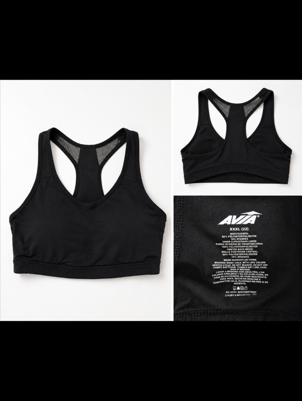 AVIA Black Racerback Sports Bra XXXL (22) High Support Activewear